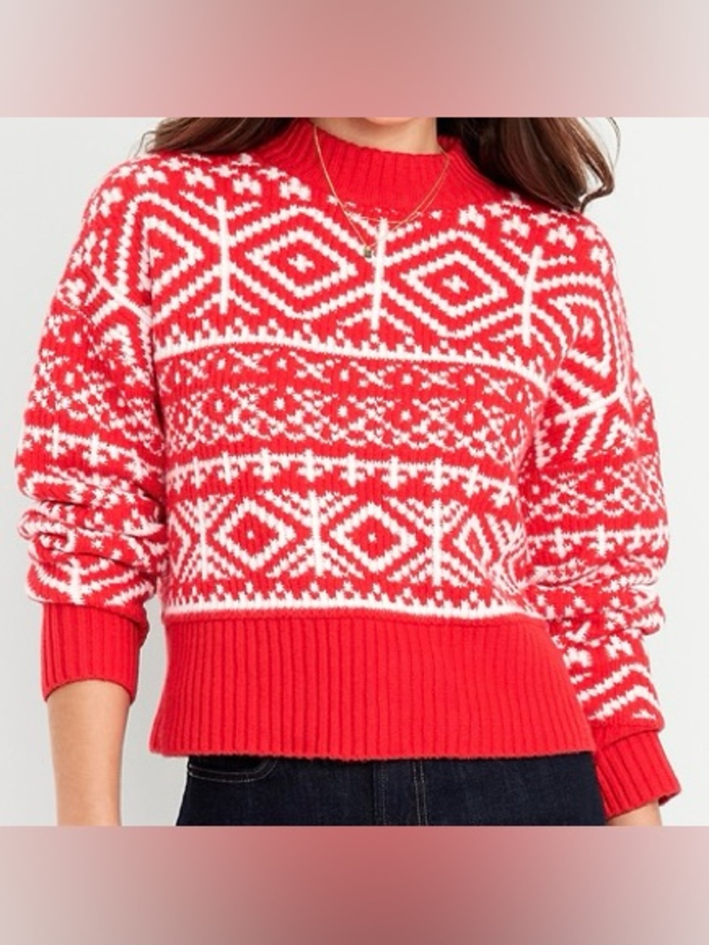 Old Navy SoSoft Fair Isle Mock Neck Sweater Red White Women’s L Holiday